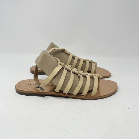 Lucky Brand Cymaa Tan Leather Strappy Gladiator Sandals with Rose Gold Lining - Picture 3 of 7